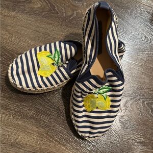 New! Talbots. Striped Espadrilles with Lemon Embroidery